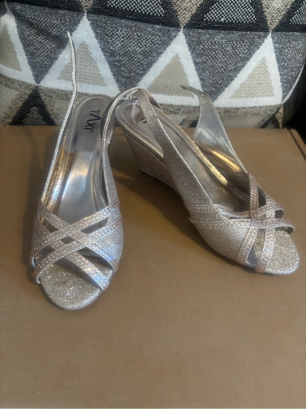 TAXI Women's Glitter Slingback Wedge Sandals in Metallic Silver